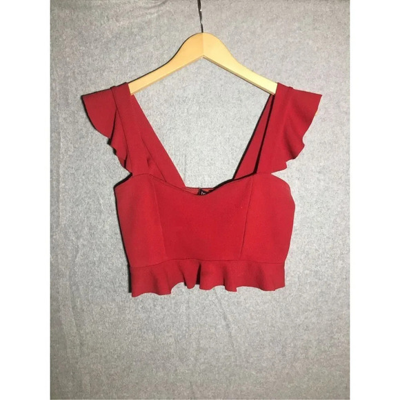 Womens Boohoo Crop Top Valentines Day Ruffle Sleeve Romantic Flattering Red - Picture 1 of 5